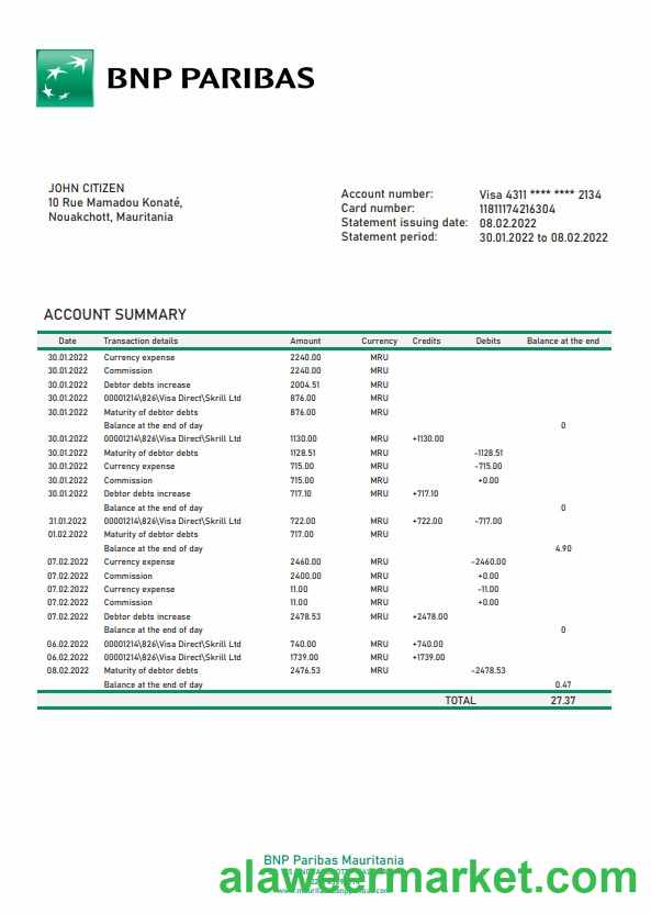 Mauritania BNP Paribas bank statement template in Word and PDF format